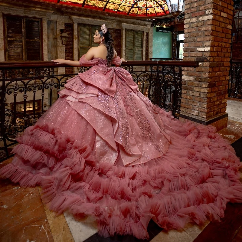 Pink Shiny Princess Sweet 16 Dress Quinceanera Dresses Beading Crystal Bow Tiered Tull Party Birthday Vestido De 15 Anos Ball Gowns