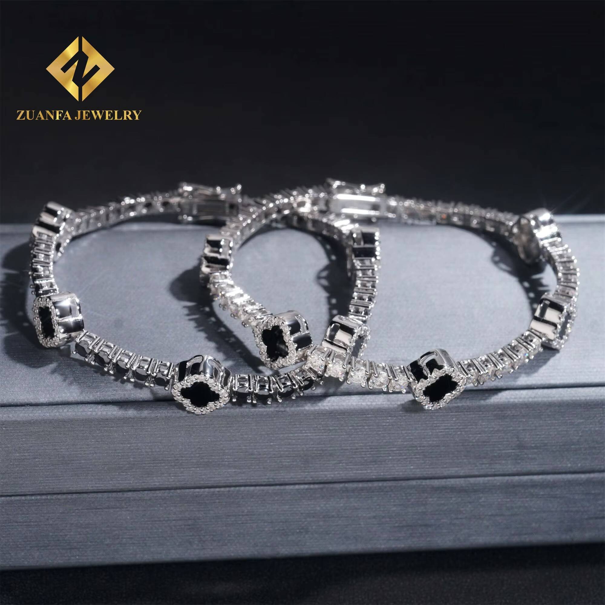 New Arrivals 3mm Iced Out Hip Hop Jewelry S925 Silver VVS1 Moissanite Diamond Four Clover Leaf Cluster Tennis Bracelet