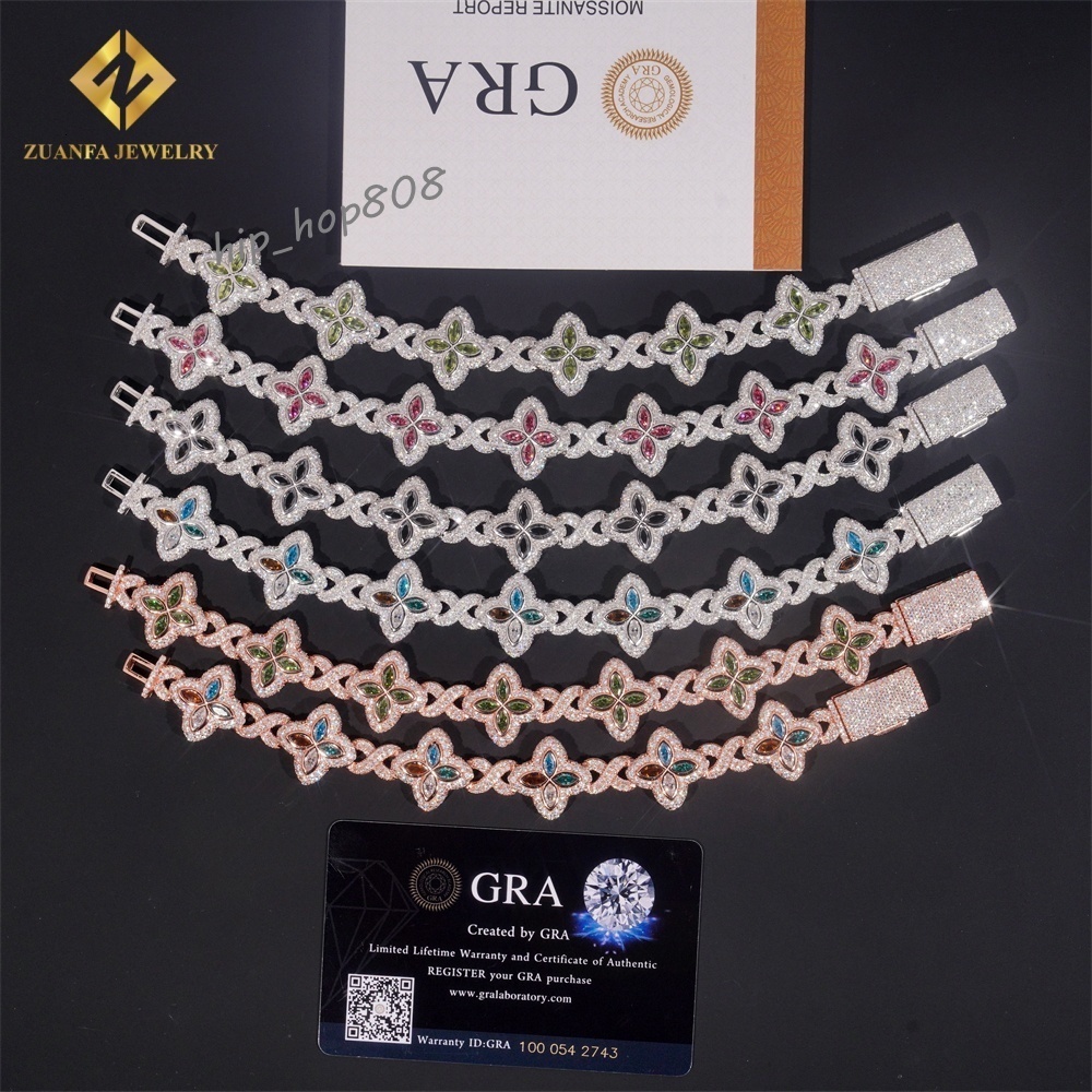 18mm High Quality Multi Color Marquise Diamond 925 Silver Jewelry Iced Out VVS Moissanite Lucky Four Leaf Clover Cuban Bracelet