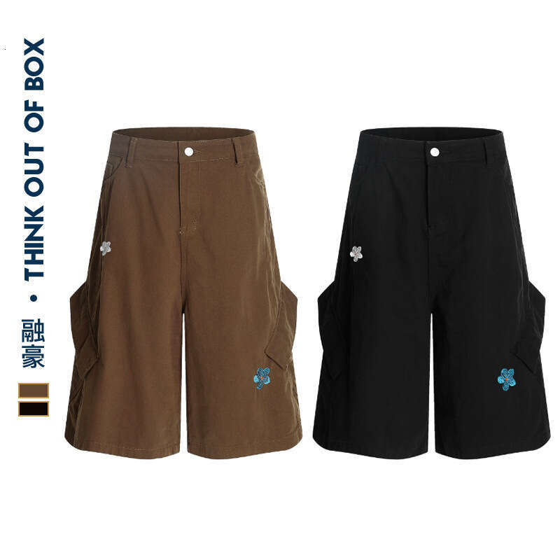 American Floral Embroidery Seven-Point Casual Cargo Wide-Leg Loose Versatile Large Pocket Couple Style Shorts B5