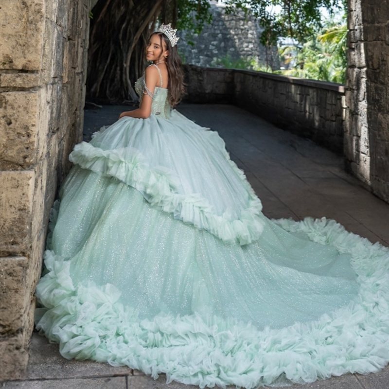 Mint Green Shiny Princess Sweet 16 Dress Dress Quinceanera Dresses Beads Tiered Tull Party Birthday Vestido De 15 Anos Ball Gowns