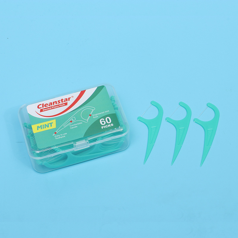 60-pack mint-flavored boxed dental floss sticks, dental floss picks, oral hygiene, interdental cleaning, plastic dental floss