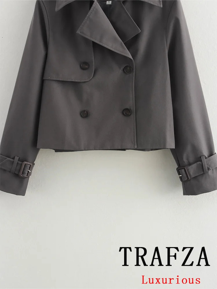 TRAFZA Vintage Casual Chic Women Jackets Solid Double Breasted Turndown Collar Long Sleeve Short Coat Fashion 2024 Autumn 250805