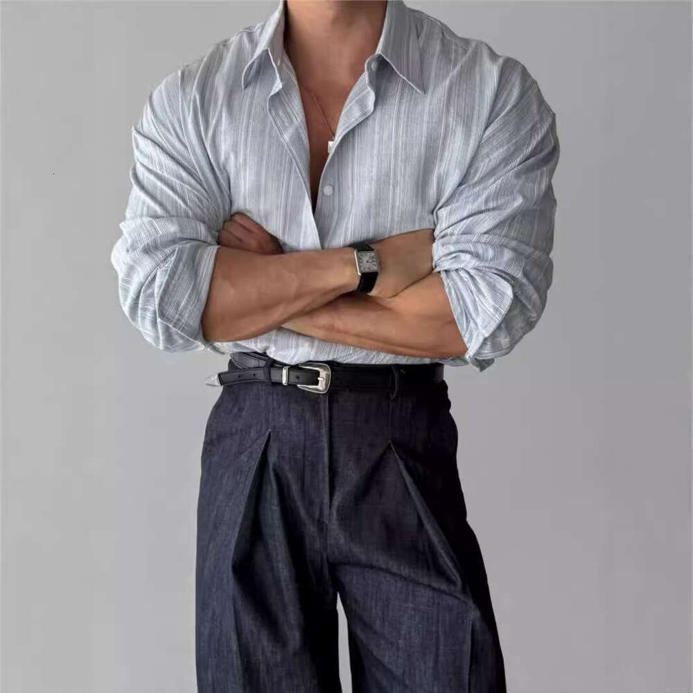 Linen Striped Long Sleeve For Men, Spring Summer Korean Style, Light And Mature Casual, Wrinkle-Free, Blue Lightweight Sun Protection Shirt B5