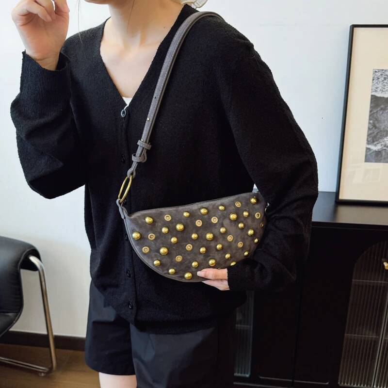 MOODS Branded Half-Moon Shoulder For Women Faux Suede Rivets Decor Crossbody Hobo Bags 2025 Latest Designer Handbags