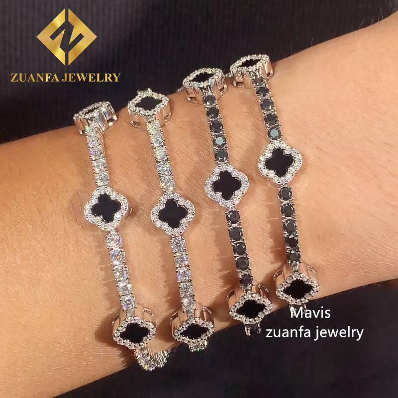 Fine Jewelry Moissanite Tennis Chain 925 Sterling Silver 3mm Black White Moissanite Clover Tennis Bracelet
