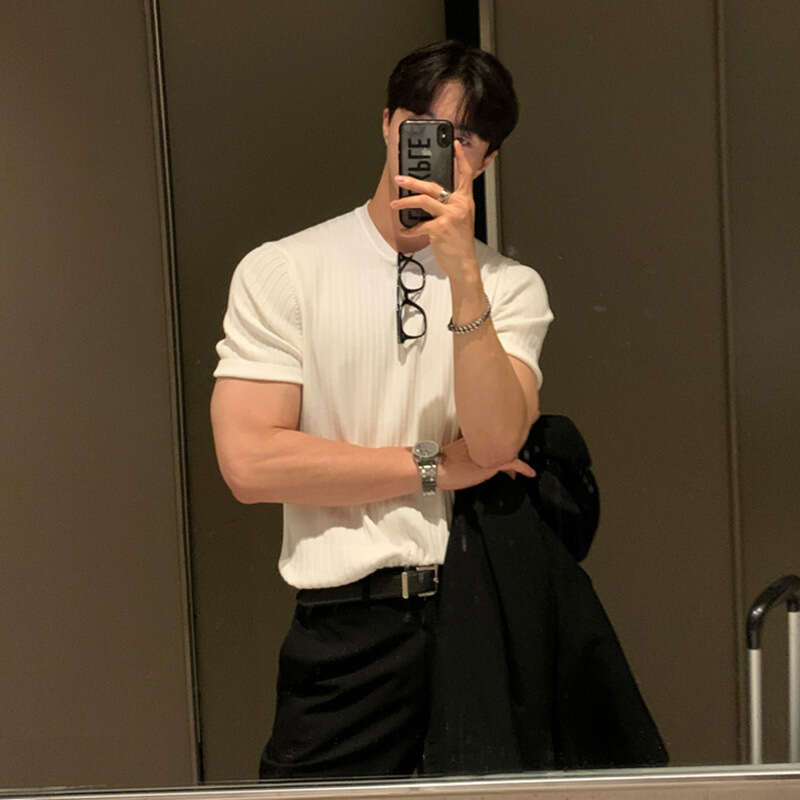 Summer T-Shirt Short Sleeve Knit Shirt Stretch Style Loose American Korean Dongdaemun Men's Fashion Top B5