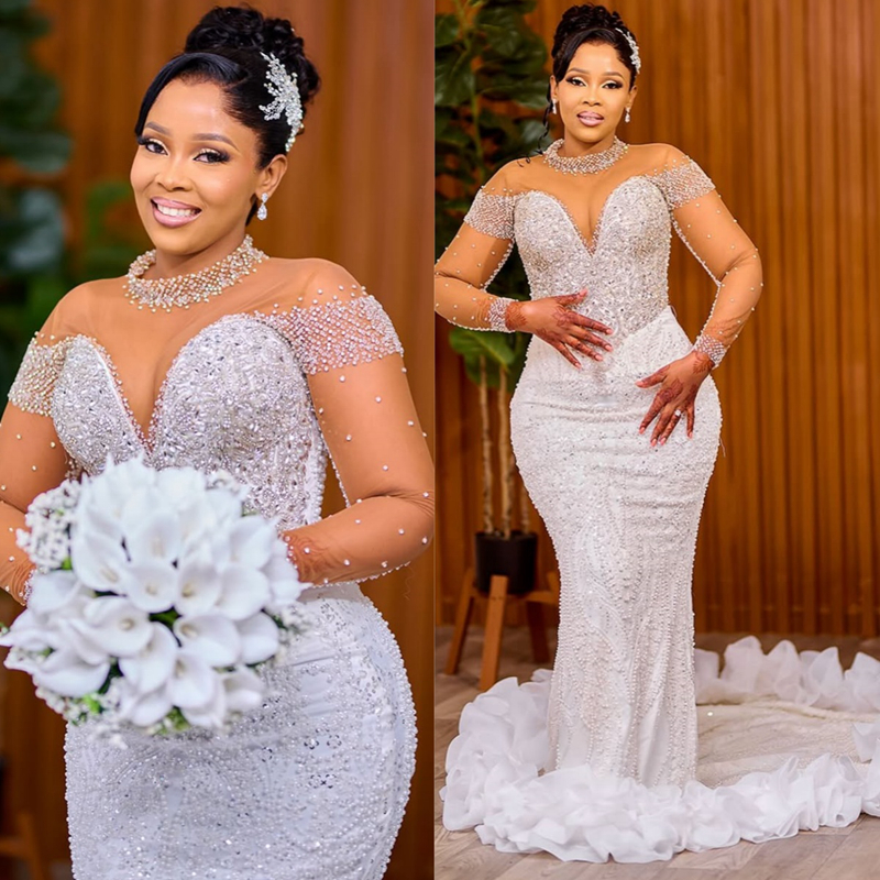 Arabic Aso Ebi Plus Size Off White Mermaid Wedding Dresses 2025 High Neck Sequined Lace Pearls Beaded Floral Lace Luxurious Vintage Bridal Gowns Dress