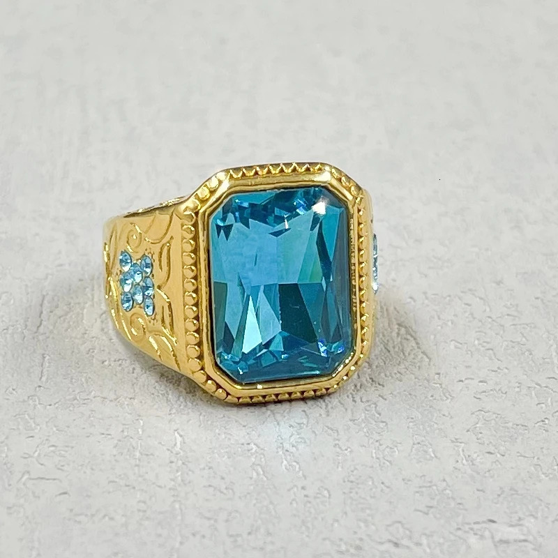 Gold color Stainless Steel Charm Rings for Women Trendy Heavy blue rhinestone Rings Wedding Party Jewelry Gifts 250811