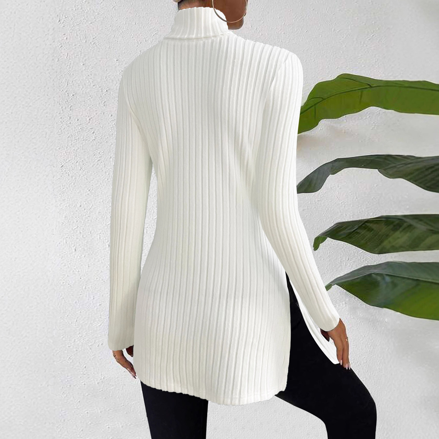 Women's Plus Size High Neck Pullover Sweater with Slit Slim Fit Base Shirt Ribbed Striped Mid-Length Top