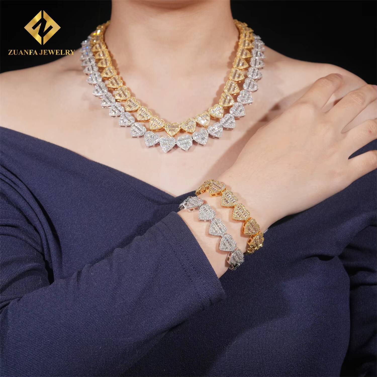 13mm Iced Out Heart Cuban Hip Hop Style Jewelry Bracelet Cuban Link Chain Baguette VVS D Moissanite Diamond Necklace Women Men