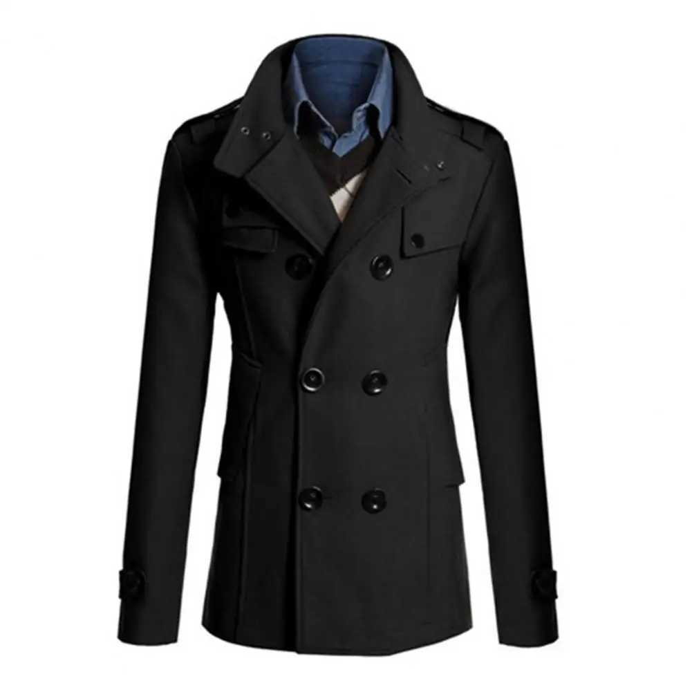 Men Woolen Coat Stand Collar Double-Breasted Closure Mid-Length Retro British Style Windbreaker Autumn Solid Mens Trench Coat W250815