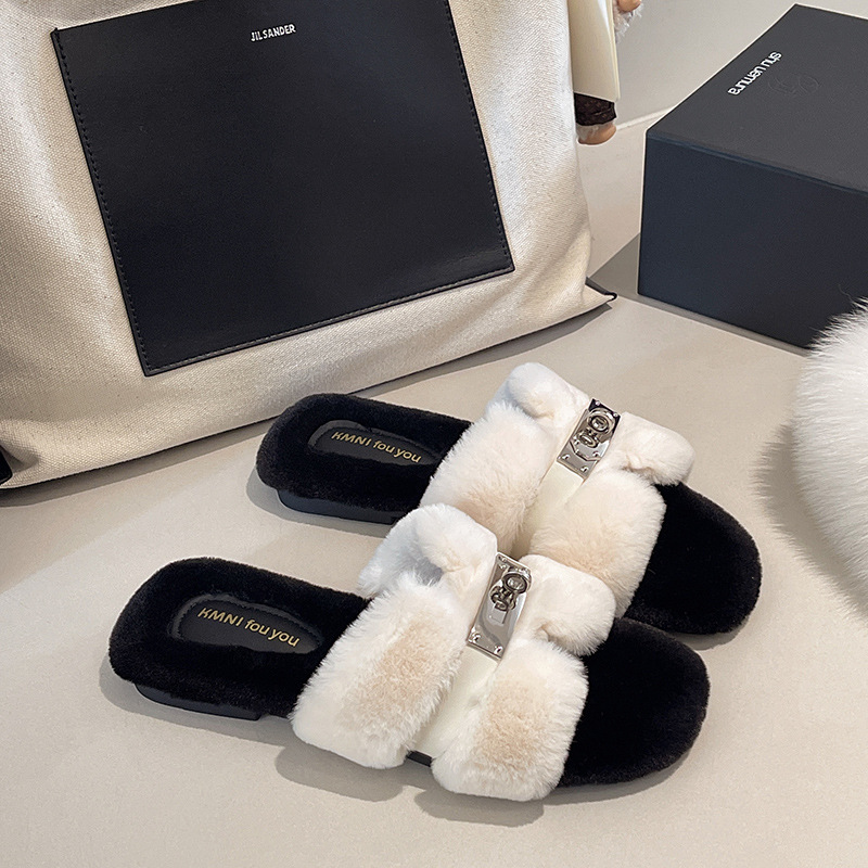 free shipping designer shoes New autumn winter fashion flat bottom fluffy slippers casual versatile suitable for outdoor wear and home shoes