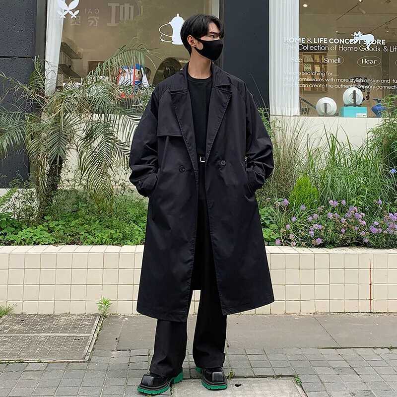 Autumn Trench Coat Men Oversized Fashion Khaki Black Long Coat Men Streetwear Korean Loose Windbreaker Jacket Mens Overcoat W250815