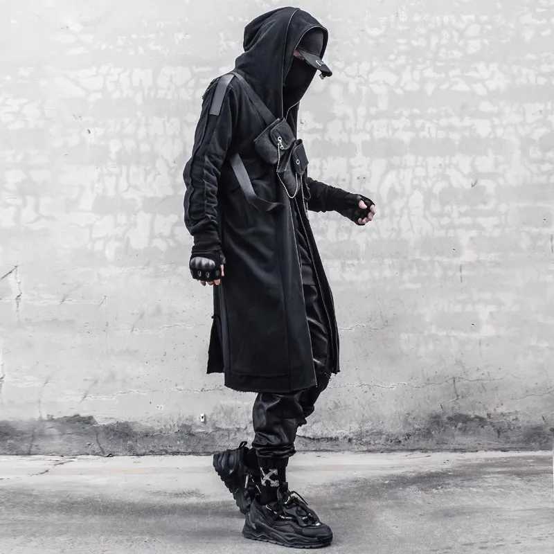 Men Fake Two Trench Jacket Windbreaker Men Gothic Punk Streetwear Long Jacket Coat Function Hoodie Black Clothes W250815