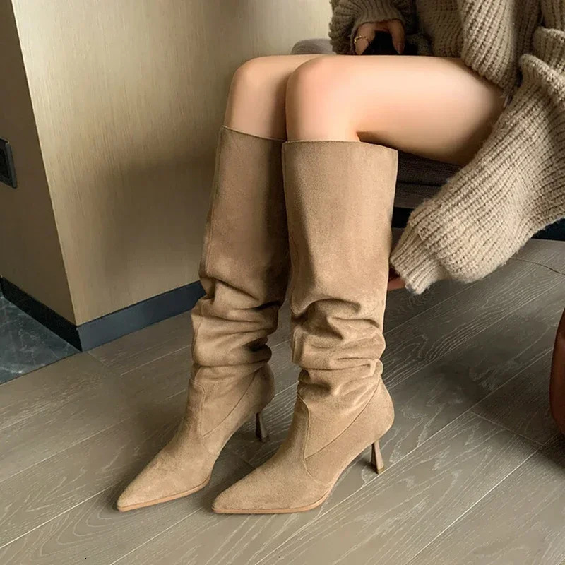 Pleated Faux Suede Knee-High Boots Women Pointed Toe Slip-On Western Cowboy Boots Woman Autumn Thin Heels Long Botas Mujer 250809