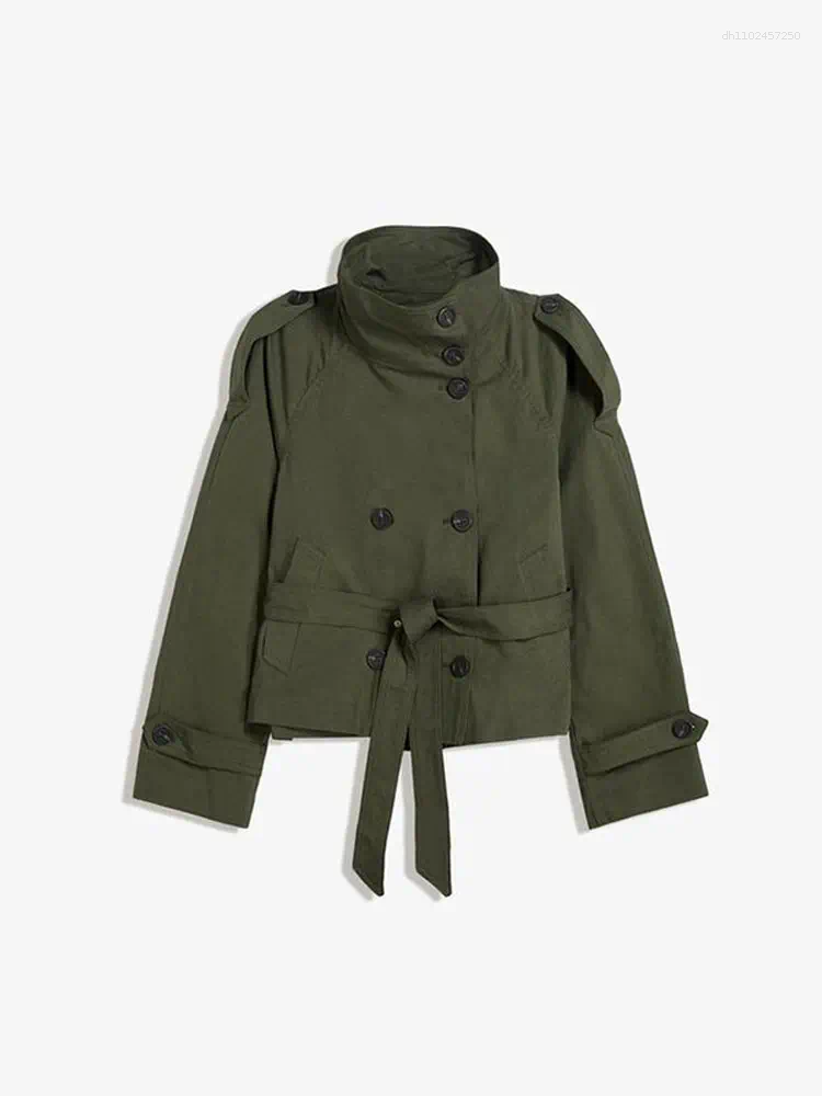 Women's Jackets Chic Stand Collar Double-breasted Belted Waist Cropped Trench Coat Shoulder Epaulets 2025 Autumn Casual Street Outerwear