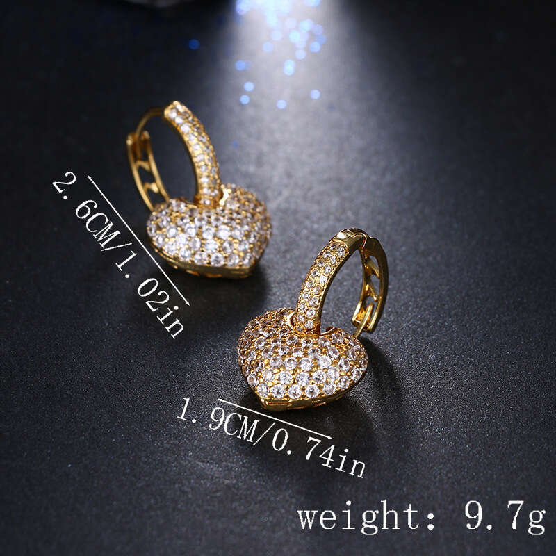 DHcollections Gold-Plated Copper Zircon Earrings Sweet Full Dia Heart Ear Clips for Women Korean Style Accessories Jewelry