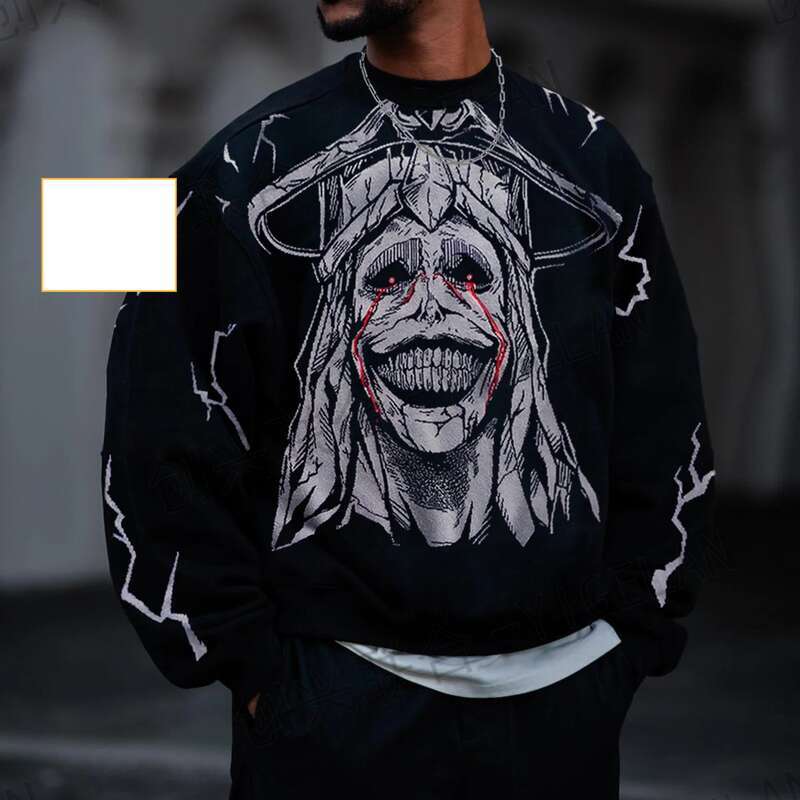 Men's Clothing Autumn And Winter New Pullover Personality Street Jacquard Trend Knitted Dark Style Anime Round Neck Sweater