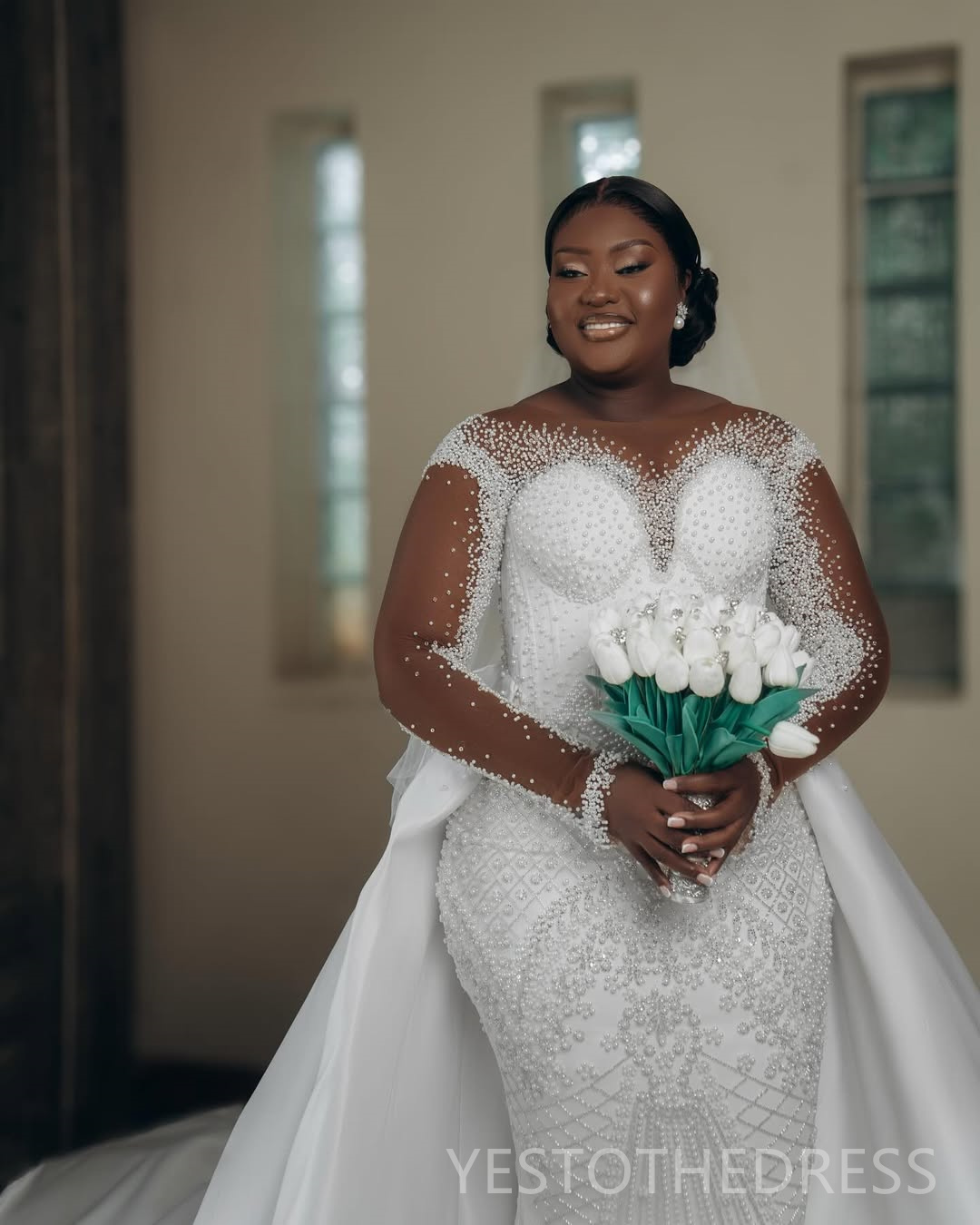 2025 Plus Size African Wedding Dress Bridal Gowns For Bride Mermaid Sheer Neck Detachable Train Lace Pearls Tiered Pleat Wedding Gowns For Black Women