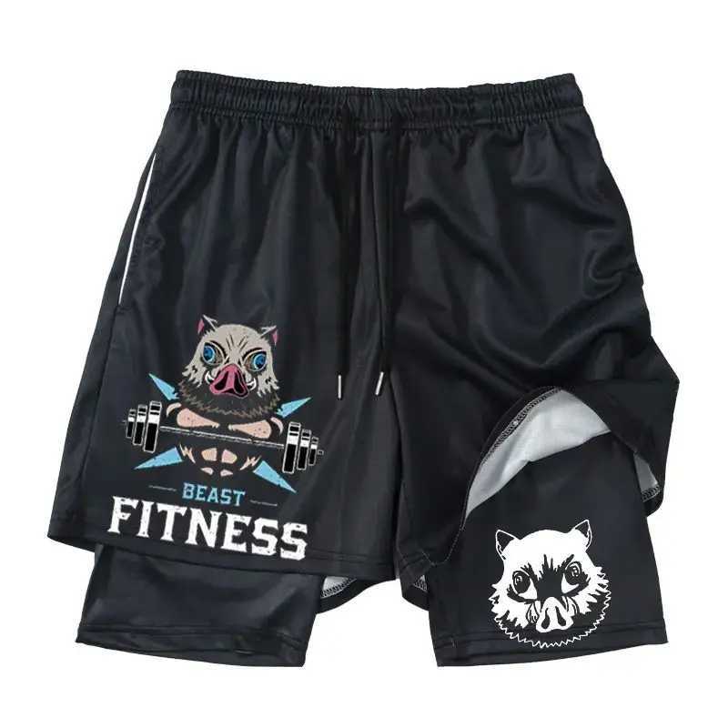 Japanese Anime Demon Slayer Peripheral Shorts Mens and Womens Summer Double Layer Beach Pants Loose Large Size Casual Shorts Y250814