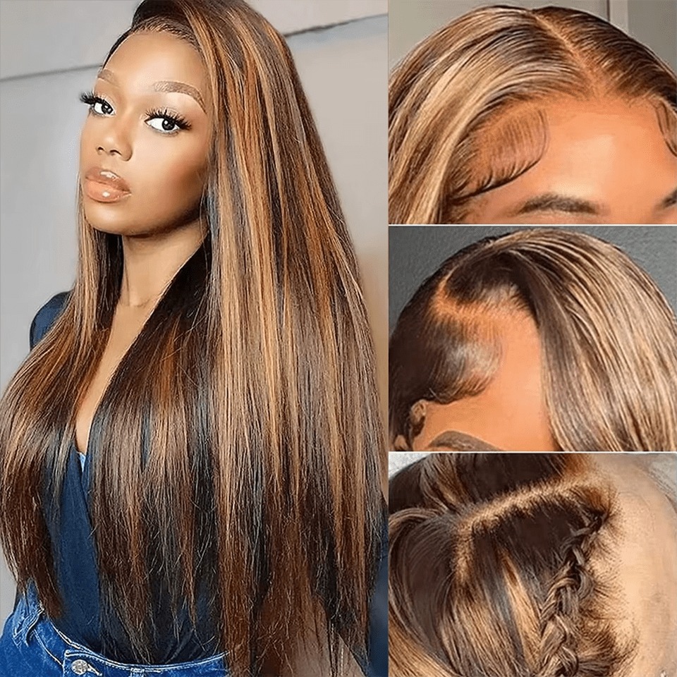 13x4 HD Highlight Lace Frontal Wig Straight Lace Front Wigs Human Hair HD Lace Wig Synthetic For Women Honey Blonde Glueless Wear And Go