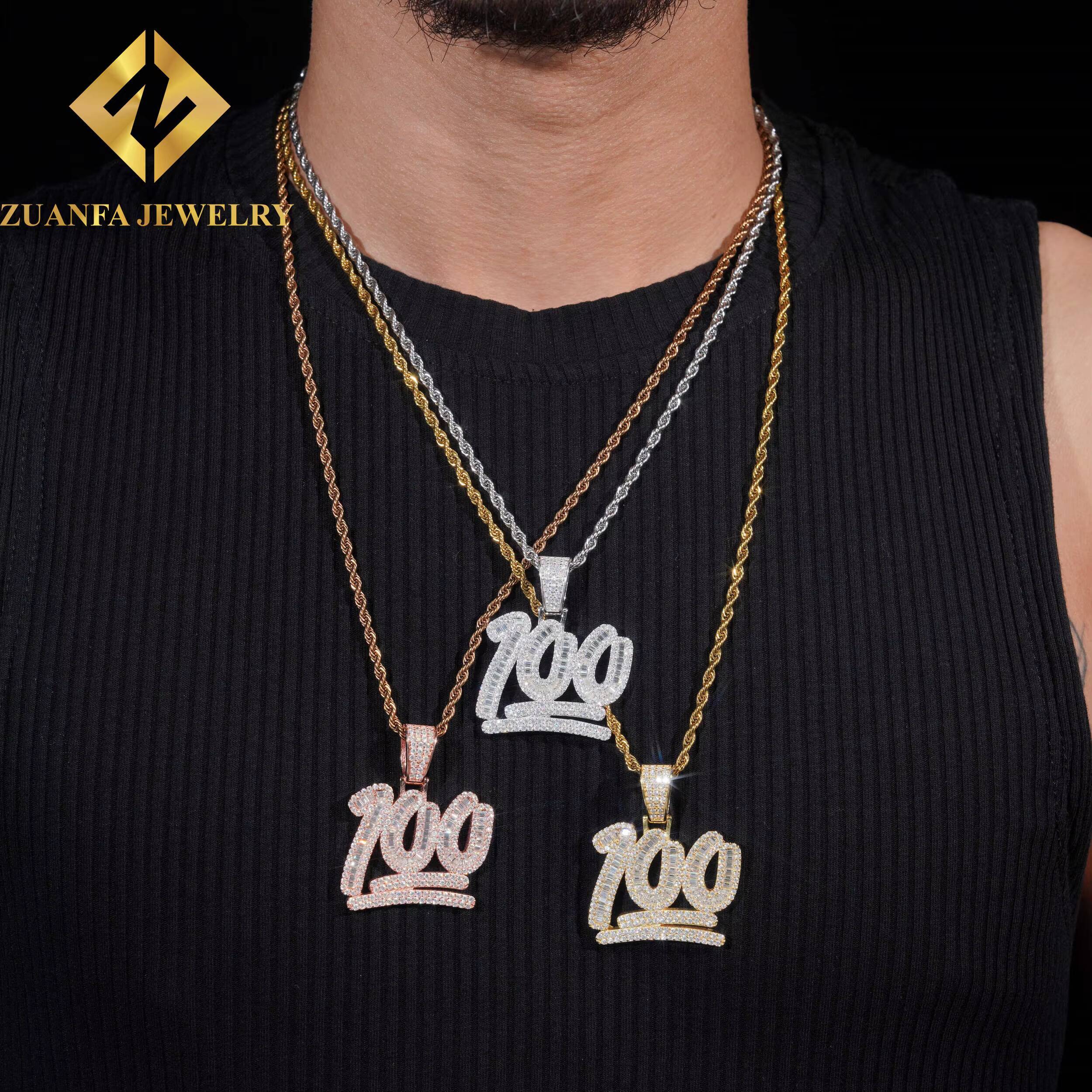 Big Size Custom Iced Out Point 100 Hip Hop Moissanite Jewelry Pendant VVS Moissanite 925 Sterling Silver Hip Hop Pendant