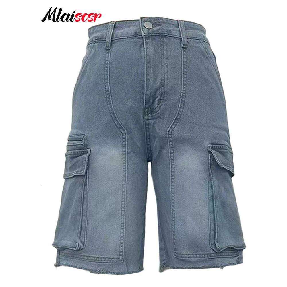 Mlaiscsr Summer Blue Denim Knee Length Shorts Women Pocket Side Straight Cargo Jeans Streetwear Bermuda Short Pants Dungarees
