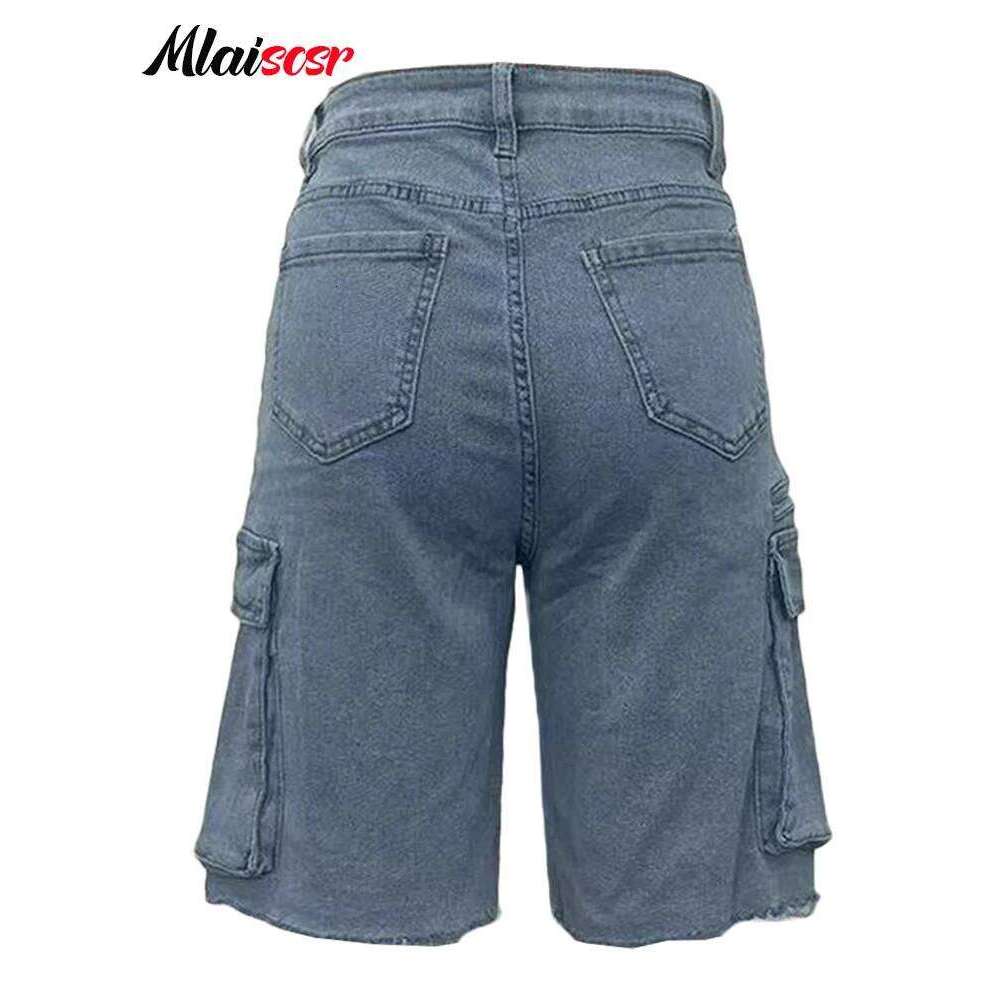 Mlaiscsr Summer Blue Denim Knee Length Shorts Women Pocket Side Straight Cargo Jeans Streetwear Bermuda Short Pants Dungarees
