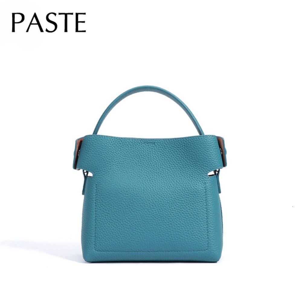 New Summer Blue Color High-End Small Bucket Tote Buckle Close Design Genuine Cow Leather Women Shoulder Bag Handbag