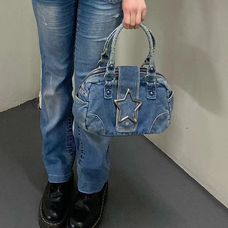 Autumn New Women's Shoulder Bag Fashionable Retro Metal Pentagram Decoration Denim Women's Handbag Single Shoulder Armpit Bag Autumn New Des