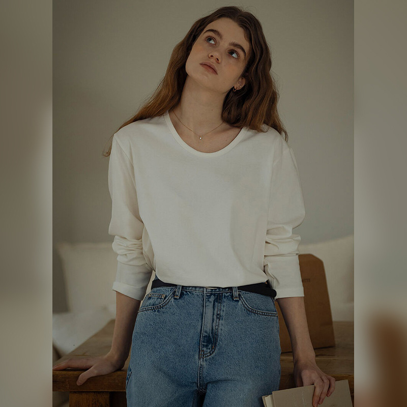 100% T-Shirt Skin-Friendly Loose Plus Size Casual for Women Spring and Autumn Pure Cotton Round Neck Drop Shoulder Sleeve Top