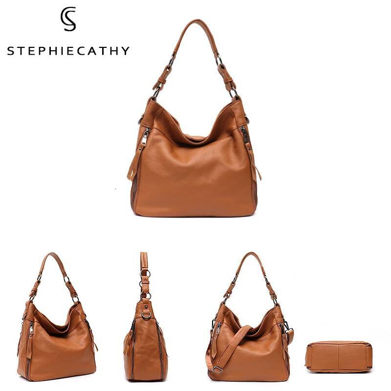 SC Large Slouchy Leather Women Shoulder Bag Lady Cowhide Multi Pockets Casual Soft Hobo Female Messenger Real Skin Handbag