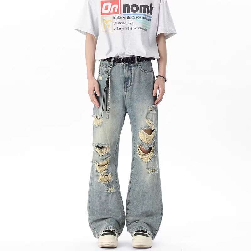 Summer Thin Ripped Jeans For Men American High Street Vibe Style Unique Design Loose Destroyed Pants B5