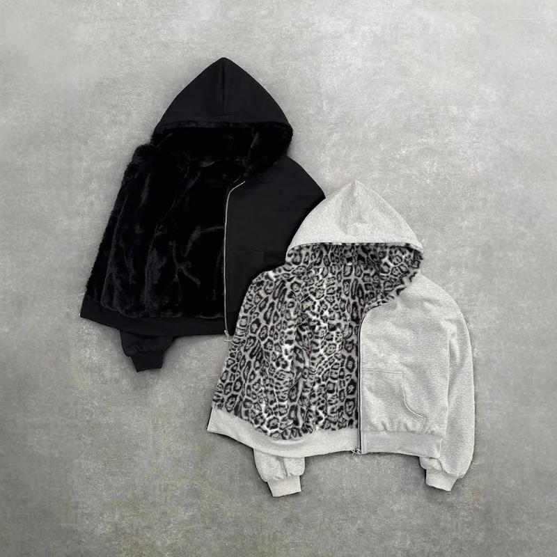 Men's Hoodies Autumn Winter Retro Fashion Leopard Print Two Sides Wear Loose Zip Up Hoodie Men High Street Punk Casual Oversized Sweatshirts