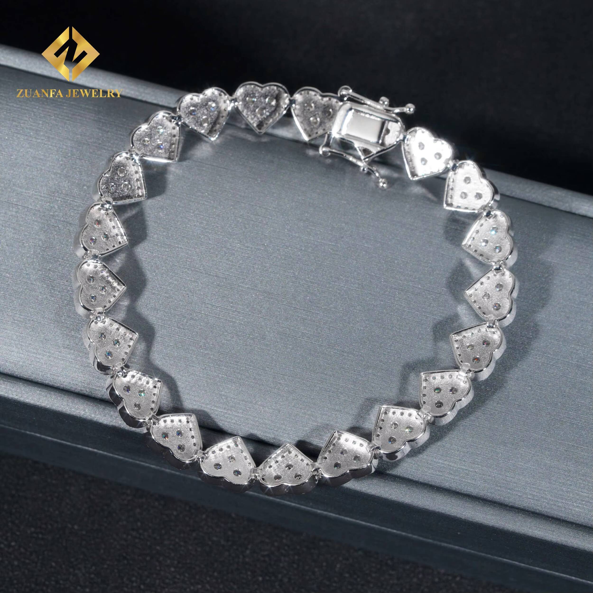 Fashion Jewelry Iced Out Hip Hop 925 Sterling Silver White Gold VVS1 Moissanite Diamond Cluster Heart Shape Hip Hop Bracelet