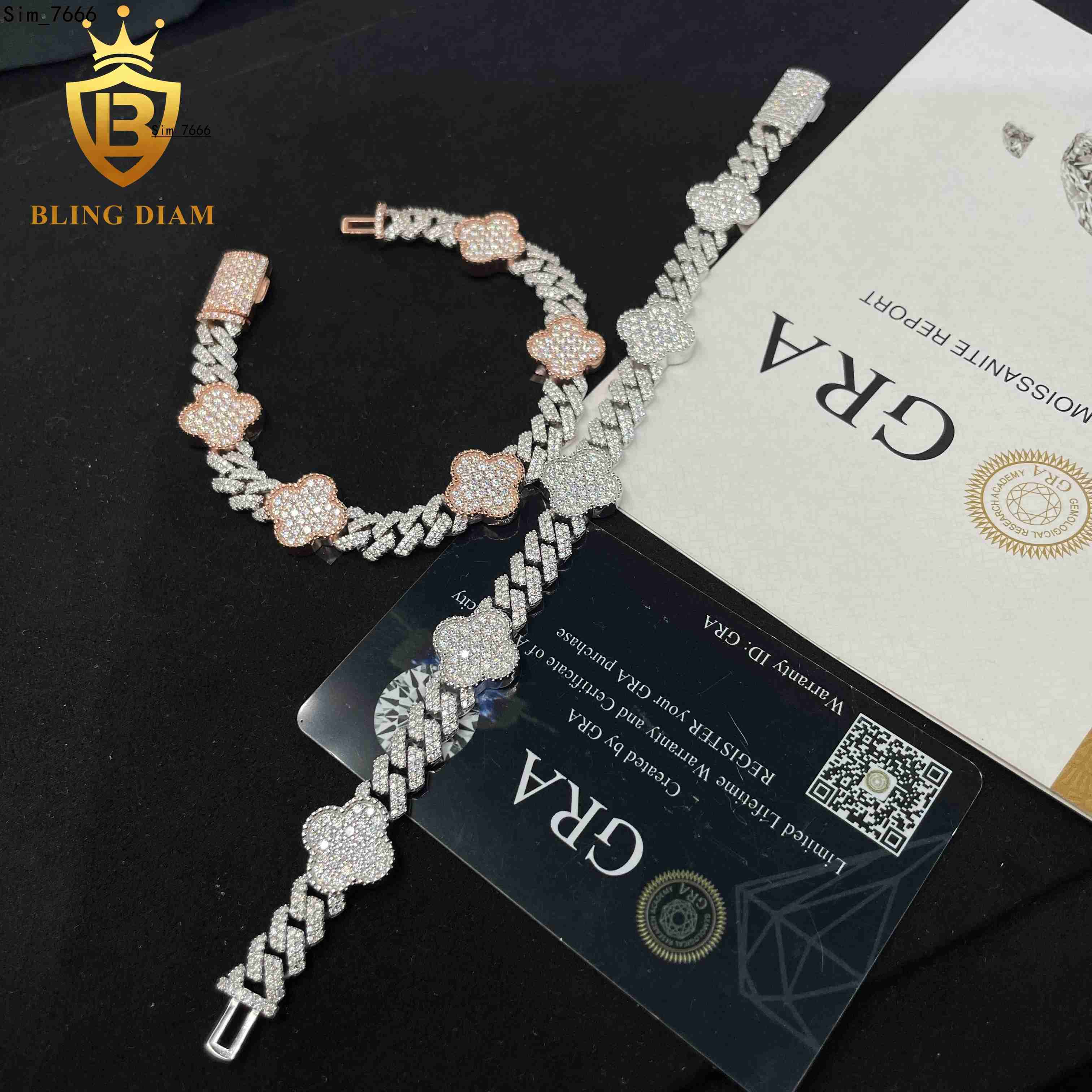 Hot Sale Hip Hop Moissanite 8mm Clover Cuban Bracelet Clover Shape Moissanite Cuban Bracelet Men Women