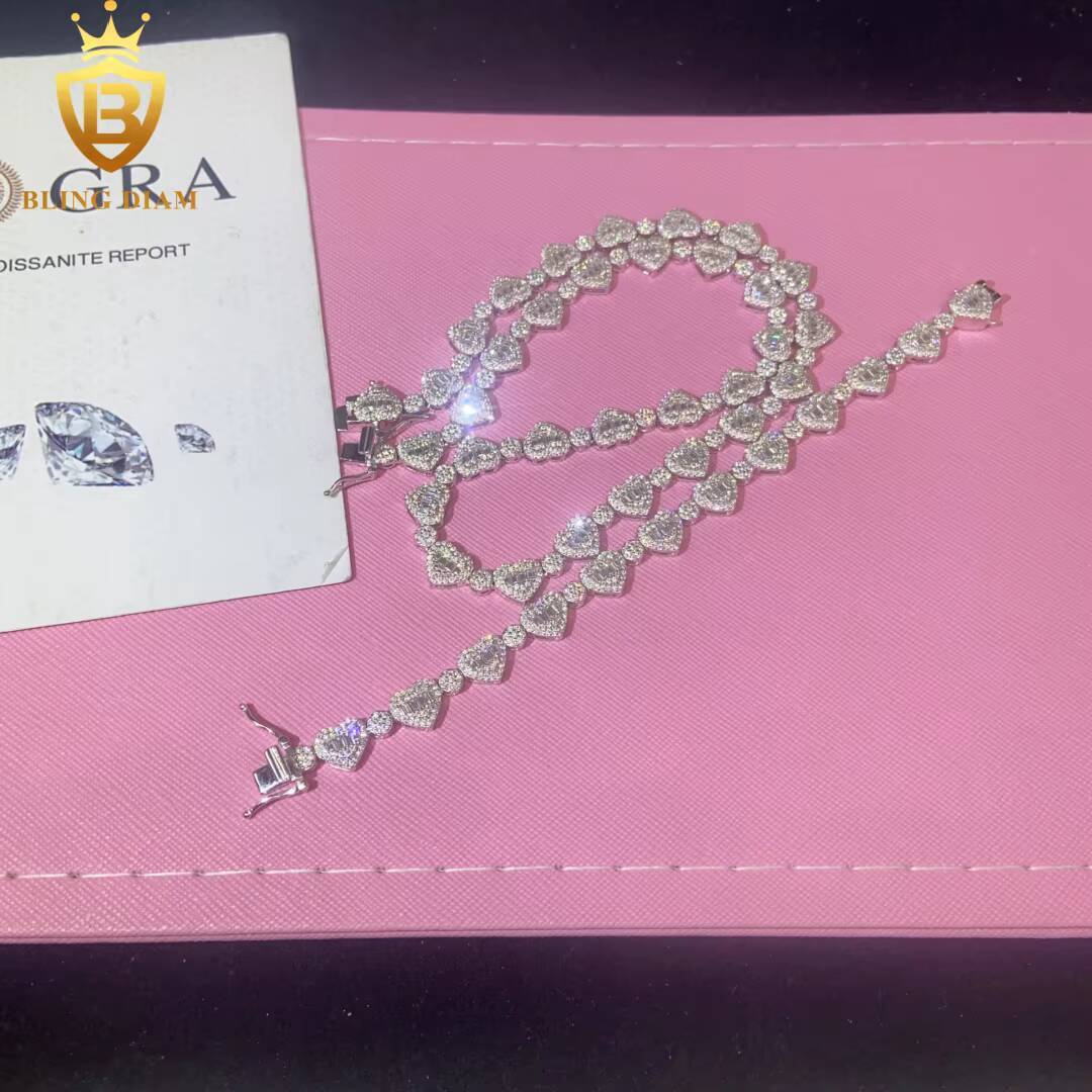 Hot Sale Love Heart Necklace Bracelet 925 Sterling Silver Chain Moissanite Cuban Bracelet Men Women Hip Hop Style with GRA