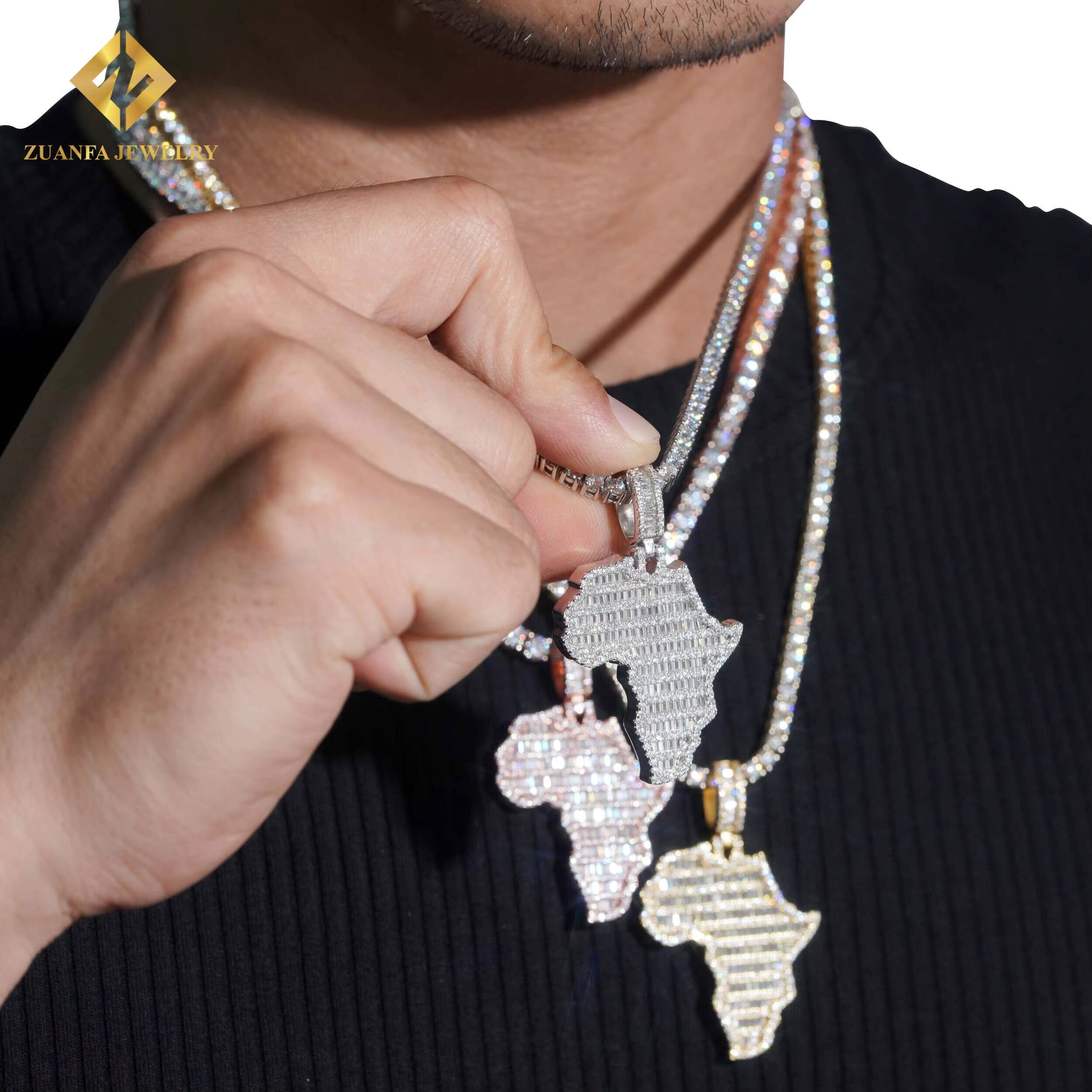 Worldwide Shipping Hip Hop Jewelry Iced Out Charms Pendant 925 Solid Silver Full Baguette Moissanite African Map Pendant