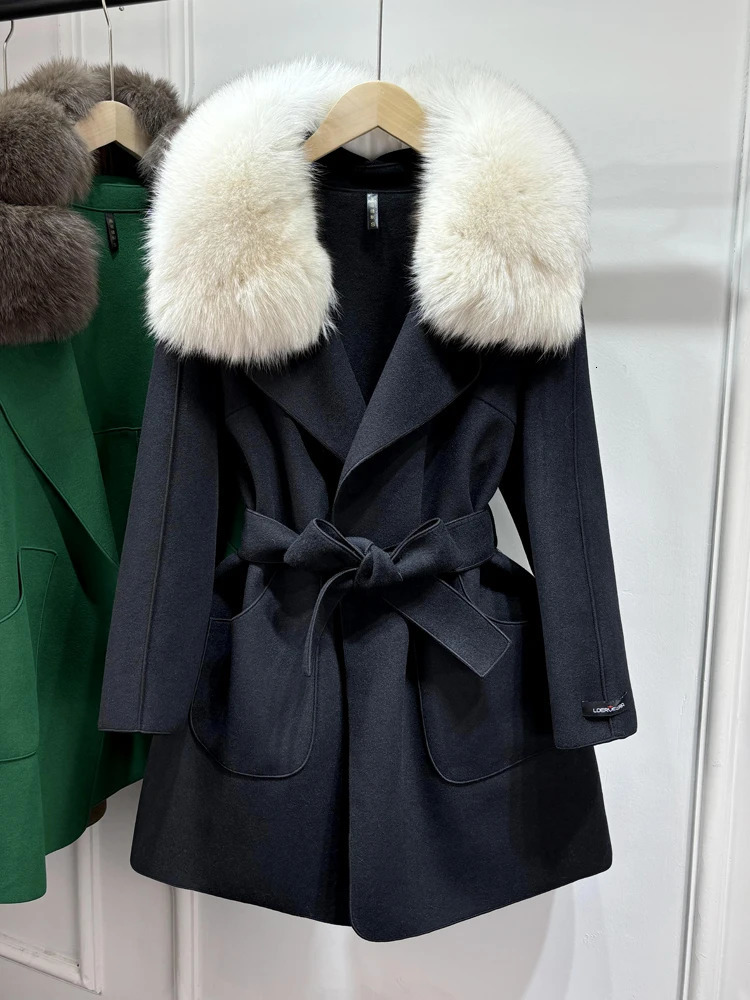 Janveny Wool Coat Women Natural Fox Fur Collar Winter Jacket Clothes For Female Short Slim Woolen Trench Coats Outwear 250811