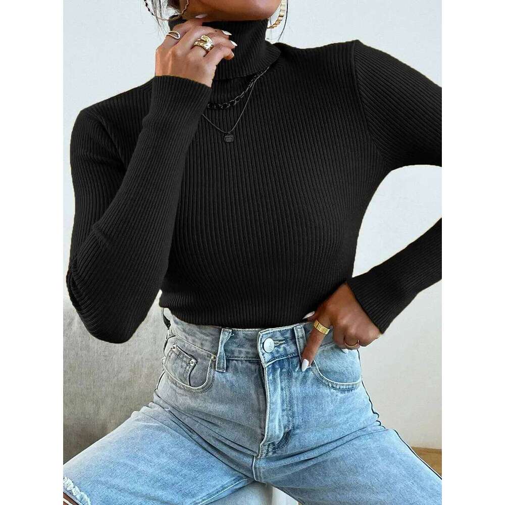 Autumn Winter Women Knit Solid Turtleneck Pull Sweater Casual Rib Jumper Tops Female Home Pullover Y2k Clothing 2025