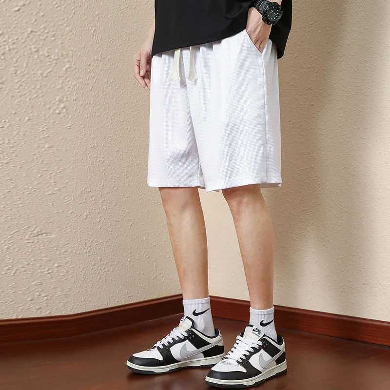 Men Shorts Solid Color Mid Waist Summer Shorts Waffle Texture Deep Crotch Drawstring Male Shorts Loose Knee Length Casual Short Y250814