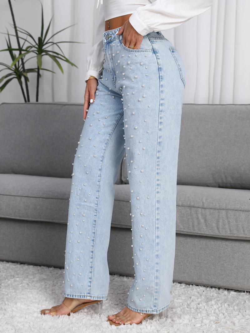 Women's Jeans Women Straight-Leg Denim With Fashion Faux Pearl Detail Casual Style Non-Stretch Light Blue Mid-waist Pants