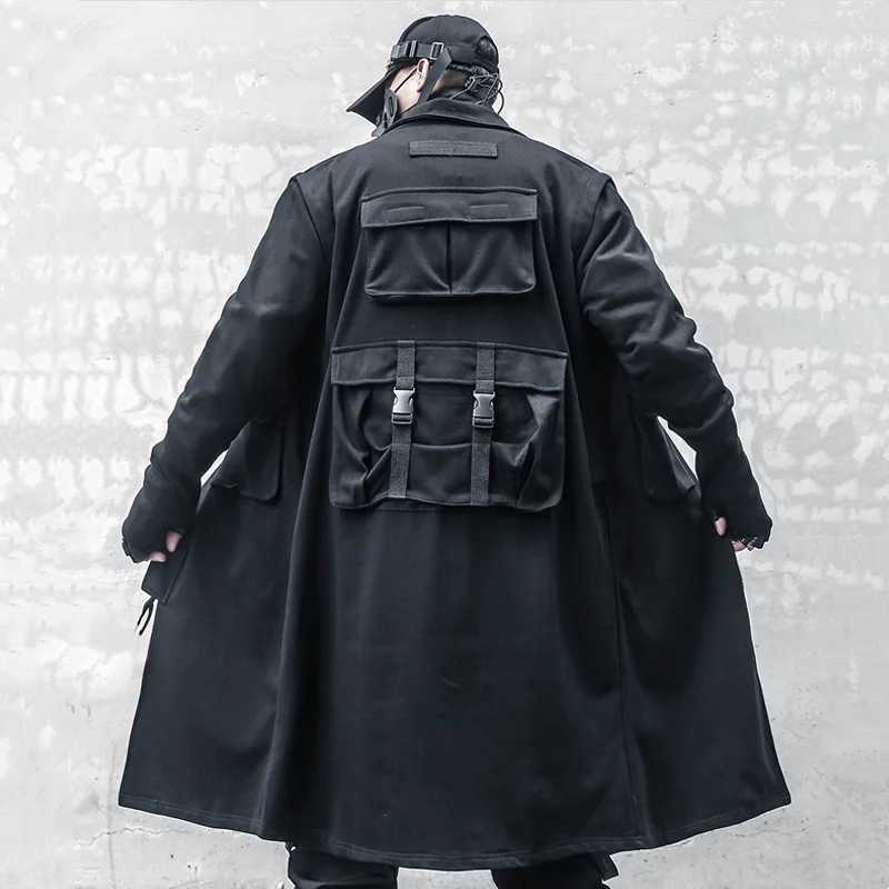 techwear style multi-pocket patchwork design mid-length trench coat mens clothing y2k high street tactical function jackets W250815