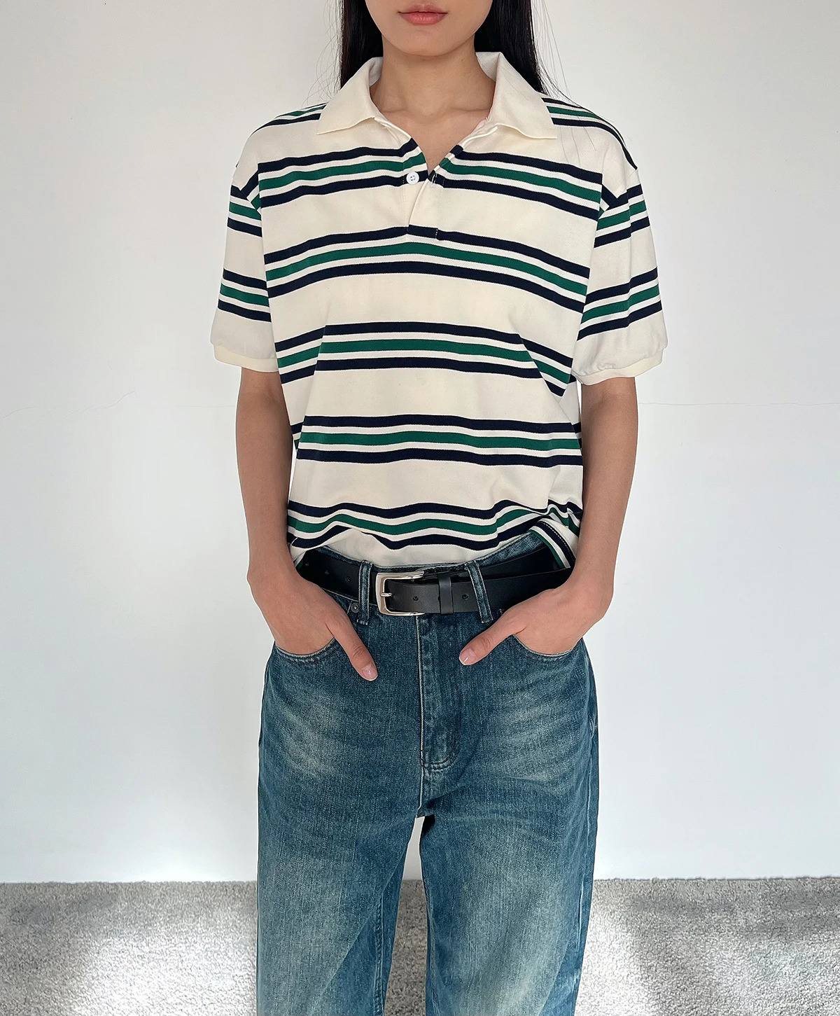 Summer Vintage Polo Shirts Woman Long Sleeve Crop Top Women Brown Stripe Streetwear Casual Tops Loose Mujeres 250814