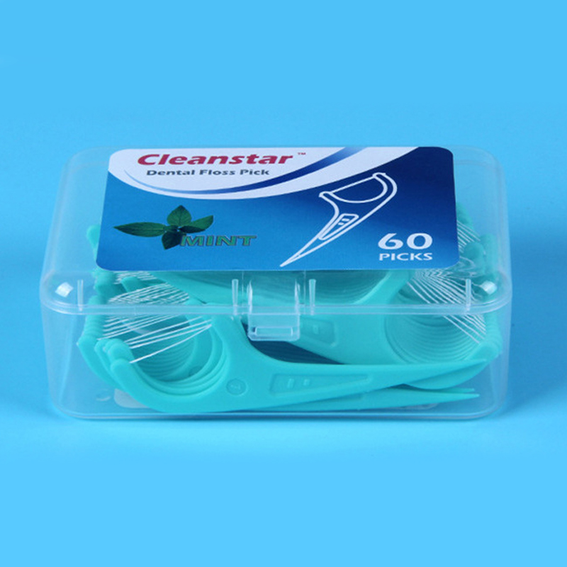 60-pack mint-flavored boxed dental floss sticks, dental floss picks, oral hygiene, interdental cleaning, plastic dental floss