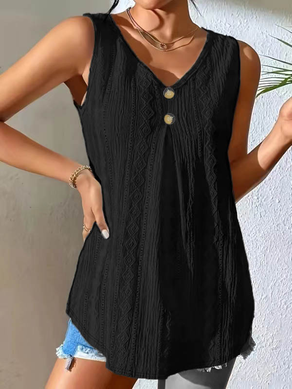 Summer Hollow Jacquard Vest Fashion Loose V-neck Button Sleeveless Top Women's Clothing