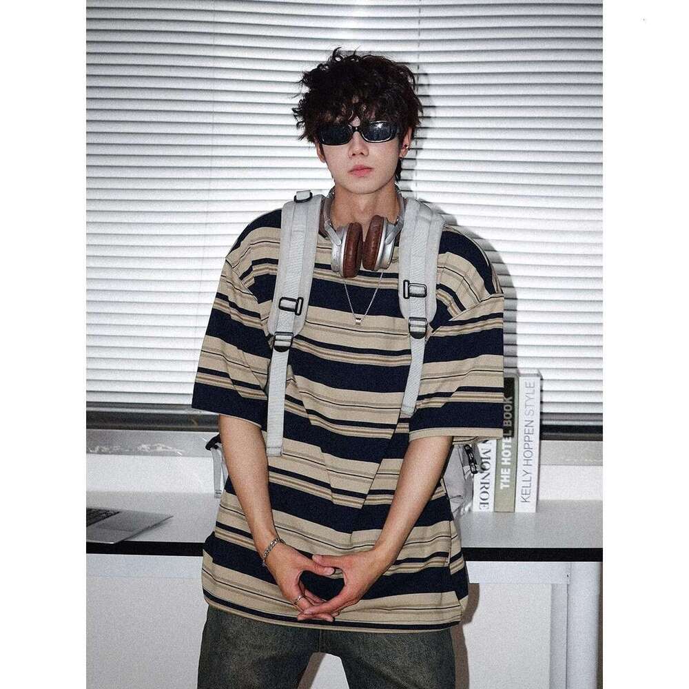 Striped Short Sleeve T-Shirt For Men Summer Boys Teenagers Loose Fit Pure Cotton Design Top Trendy B5