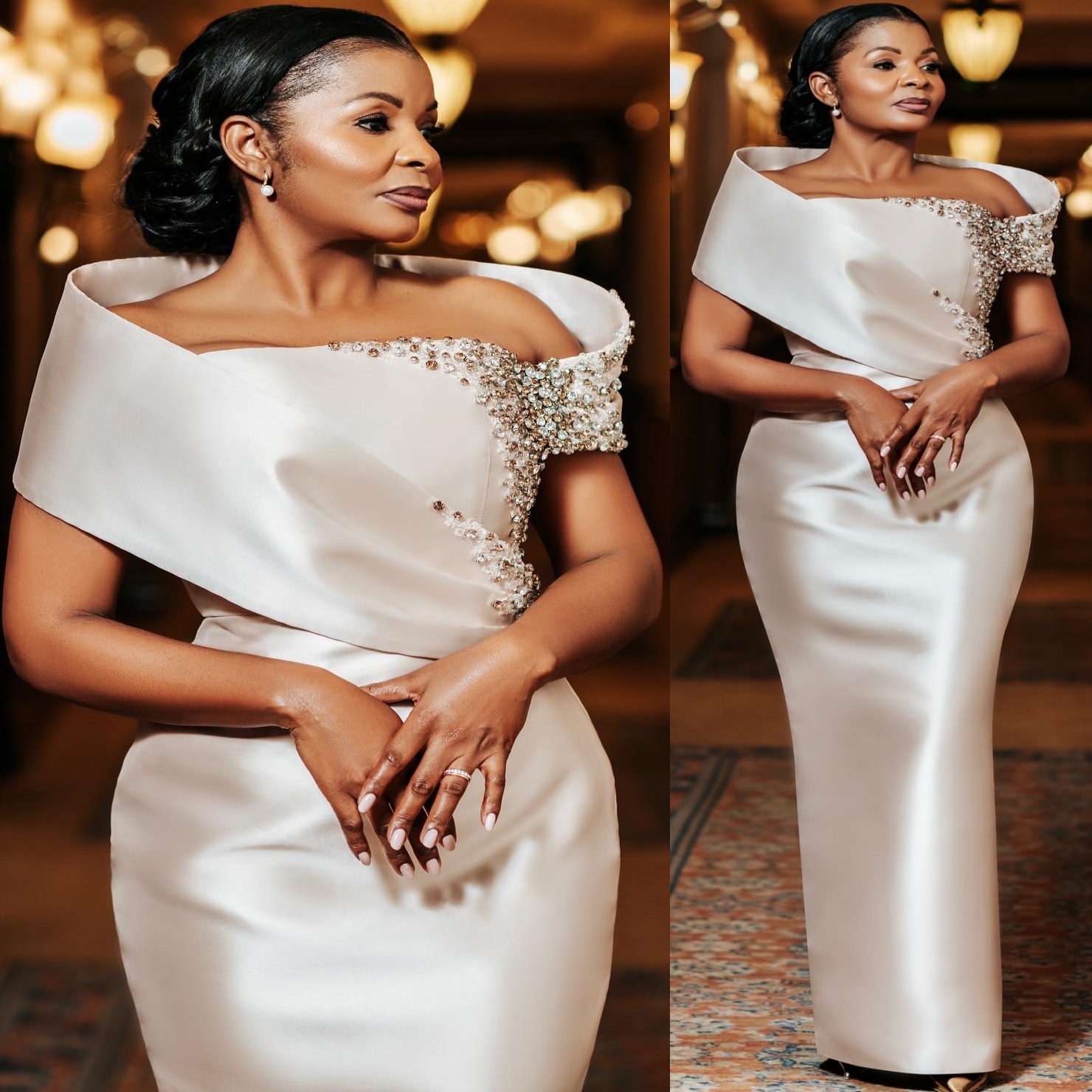2025 Plus Size Ivory Sheath Mother Of Bride Dresses Lace Crystals Satin Off Shoulder Evening Party Mama's Dress Vintage Birthday Wedding Guest Gr