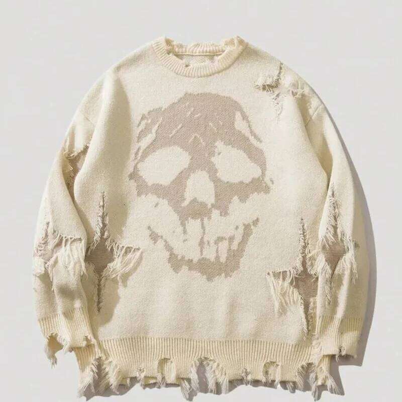 Y2k Round Neck Long Sleeved Knitted Sweater Vintage Streetwear Dark Cry Skull Jacquard Pattern Top Sweatshirt Winter Outfit Ootd